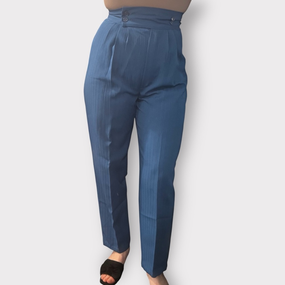 Vintage High Waisted Blue Pinstripe Pleated Trousers Size 8 Fits X-Small 70s 80s
